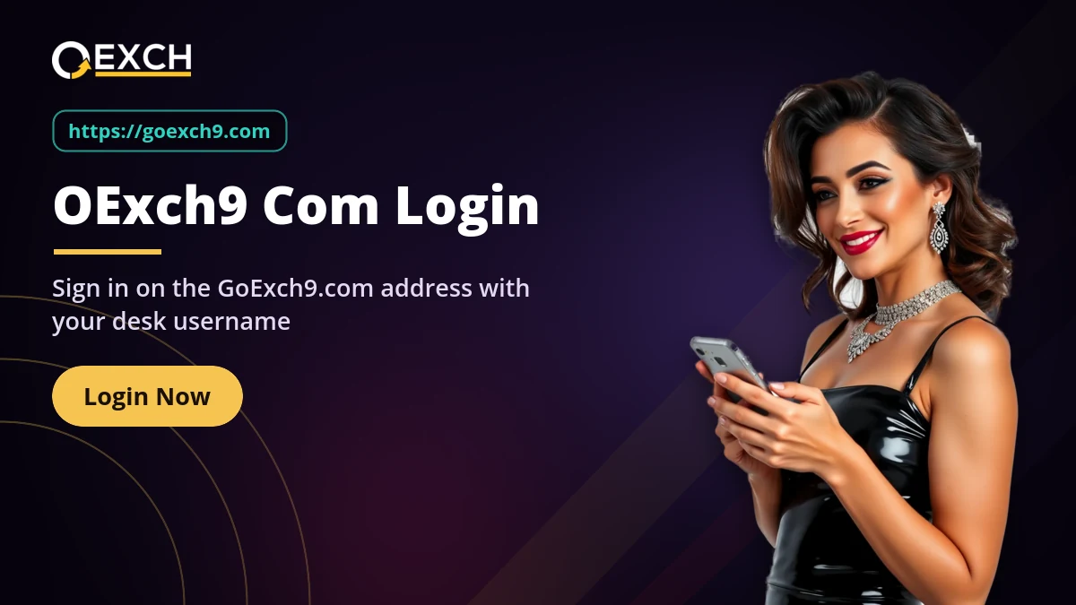 OExch9 com login banner with a host tapping her phone to sign in on goexch9.com
